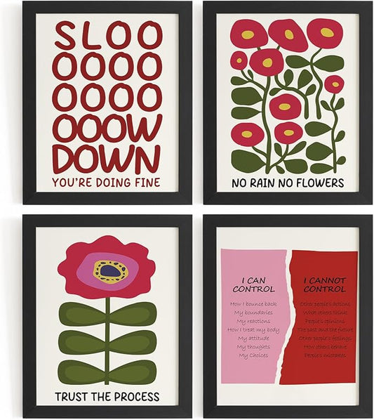 DSHFG Motivational Floral Mental Health Wall Art Posters Therapy Office Decor, Motivational Pictures Prints Decorations for Home Classroom Bedroom Bathroom Set of 4, 8x10 Unframed