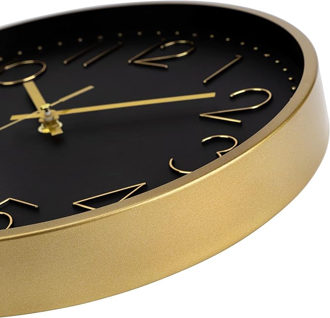 Foxtop Black Gold Wall Clock 12 Inch Silent Non-Ticking Battery Operated Round Quartz Modern Wall Clock for Living Room Kitchen Bedroom Home Office School Decor
