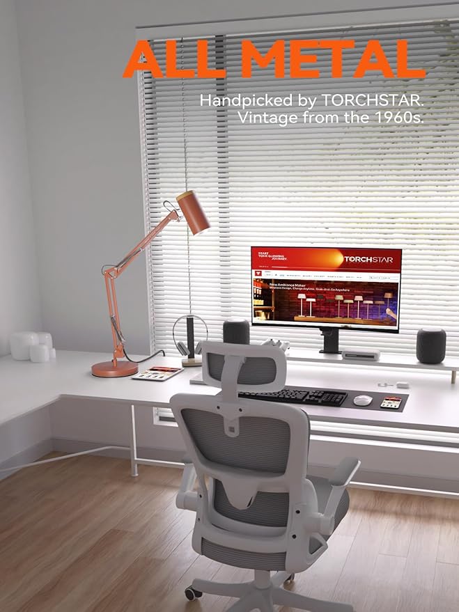 TORCHSTAR Tall Swing Arm Desk Lamp with Wooden Accent, Adjustable Large Size Max Height 31", E26 Base Metal Task Lamp, Office Desktop Lamp with On/Off Switch, for Reading, Study, Workbench, Orange