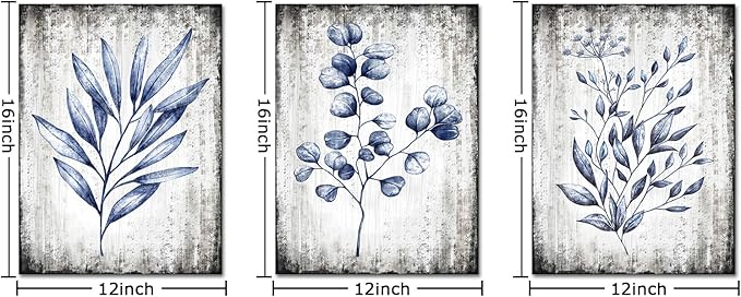 Conipit Navy Blue Botanical Painting Rustic Botanical Wall Art Canvas Minimalist Blue White Leaf Plant Artwork Prints Framed For Living Room Bedroom Wall Decor 12''X16''X3pcs