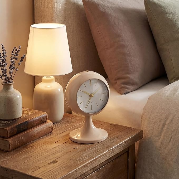 Analog Alarm Clock, Mid-Century Modern Desk Clock, Silent Non-Ticking Quartz Table Clock with Gold Hands, Battery Operated Decorative Clock for Bedroom, Office, Living Room (Light Champagne)