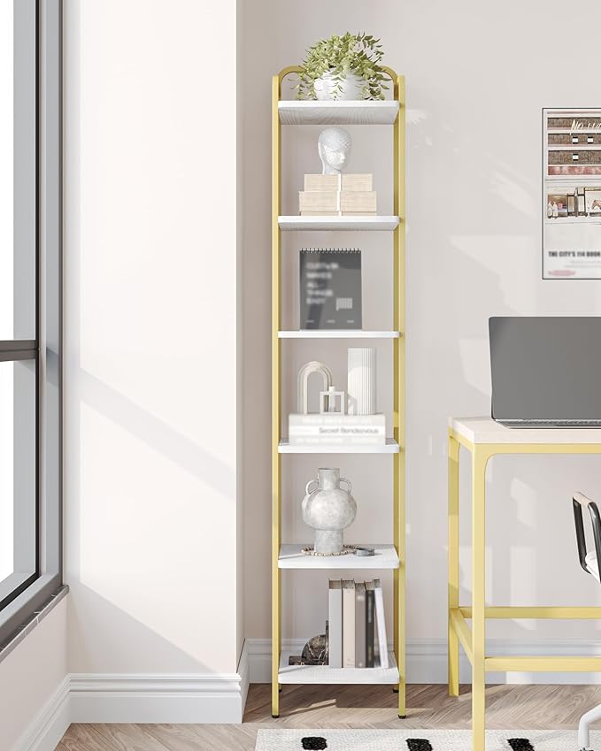 Bookcase Bookshelf, 6-Tier Narrow Book Shelf, Industrial Coner Shelf Storage Organizer, Slim Shelving Unit for Home Office, Living Room, Bedroom, Kitchen, White Gold BC24613G