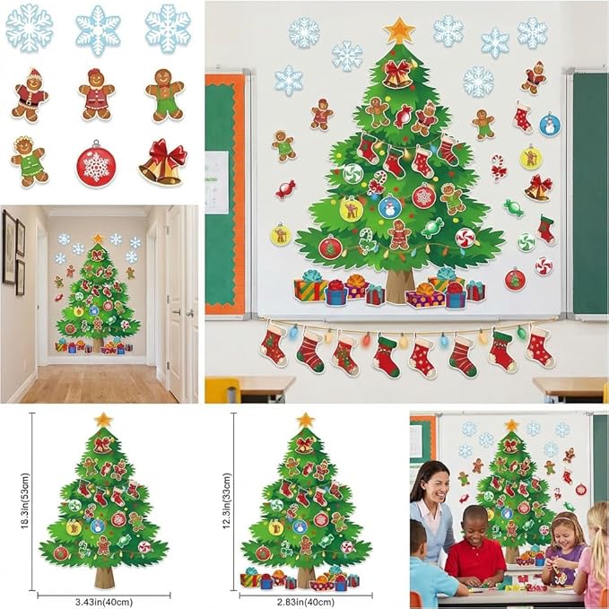 3Ft Big Christmas Tree Bulletin Board Set Christmas Tree Holiday Bulletin Board Decoration with Christmas Stockings Snowflakes Cutouts for Classroom Home Chalkboard Wall Decoration (Christmas Tree)
