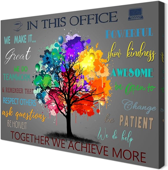 WOWGOOMO The Office Wall Art Positive Affirmations Quotes Wall Décor Colorful Tree Canvas Picture Aesthetic Room Framed Artwork for Home Office Bedroom School Classroom Consulte Decoration 12x16 Inch