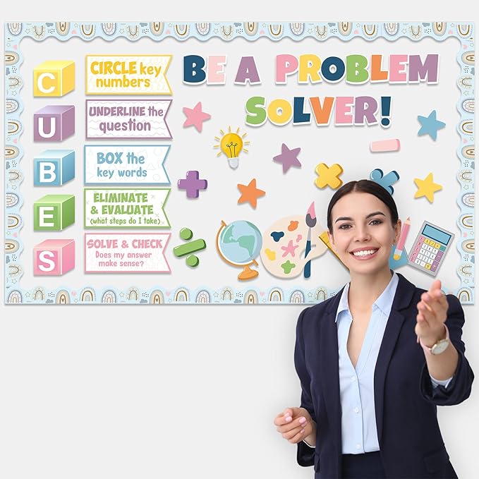 Pajean Math Bulletin Board Mathematics Cubes Classroom Decoration Be a Problem Solver Boho Cutout for Back to School First Day Window Door Wall Elementary Preschool Teacher Supplies