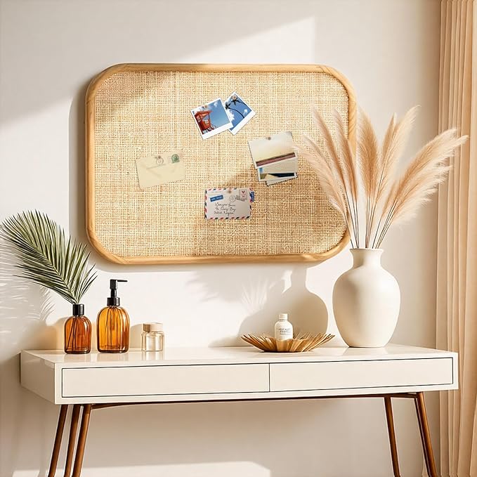 Vintage Framed Pin Board Linen Display Bulletin Board Large Cork Fabric Picture Photo Pinboard Memo Ornate Decorative Pinboard Ornate for Wall Gift(Rectangle,20'' X 26'',Natural Rattan)