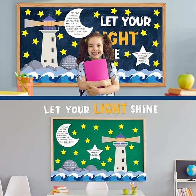 88 Pcs Let Your Light Shine Bulletin Board Set Christian Religious Bulletin Board Decoration Bible Verse Lighthouse Cutouts Christian Classroom Decor for Church Sunday School Wall