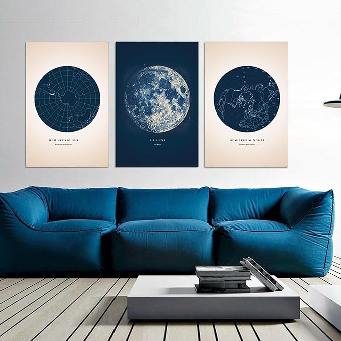 3 Piece Astronomy Wall Art - Star Map Canvas Painting Moon Wall Decor Navy Blue Constellation Picture Lunar Phases Prints Poster for Bedroom Bathroom Office Stretched Framed Ready to Hang 24"x36"x3Pcs