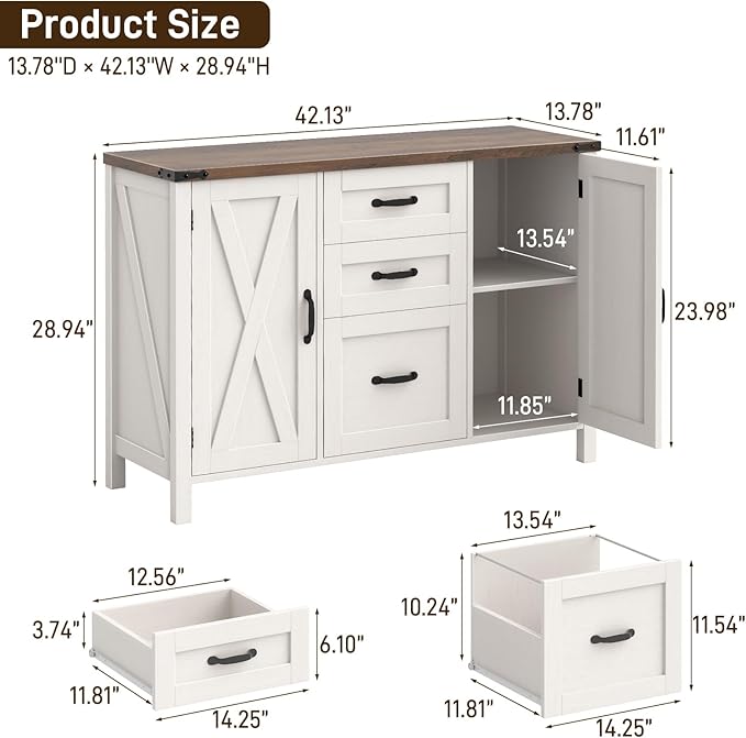Farmhouse File Cabinet with Doors, Lateral Filing Cabinet with 3 Drawers for Letter/A4 Size Hanging Files, Large Wooden Printer Stand with Adjustable Shelves for Home Office, Rustic White