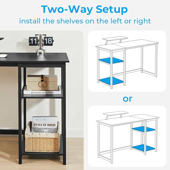 GreenForest Computer Home Office Desk with Monitor Stand and Storage Shelves on Left or Right Side,47 inch Modern Writing Study PC Laptop Work Table,Black