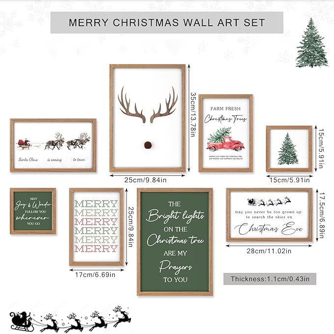Faccito 8 Set Christmas Wall Art Decor Merry Christmas Wooden Framed Art Decor Xmas Elk Wall Decoration for Home Gallery Large Winter Decoration for Kitchen Bedroom Bathroom Living Room