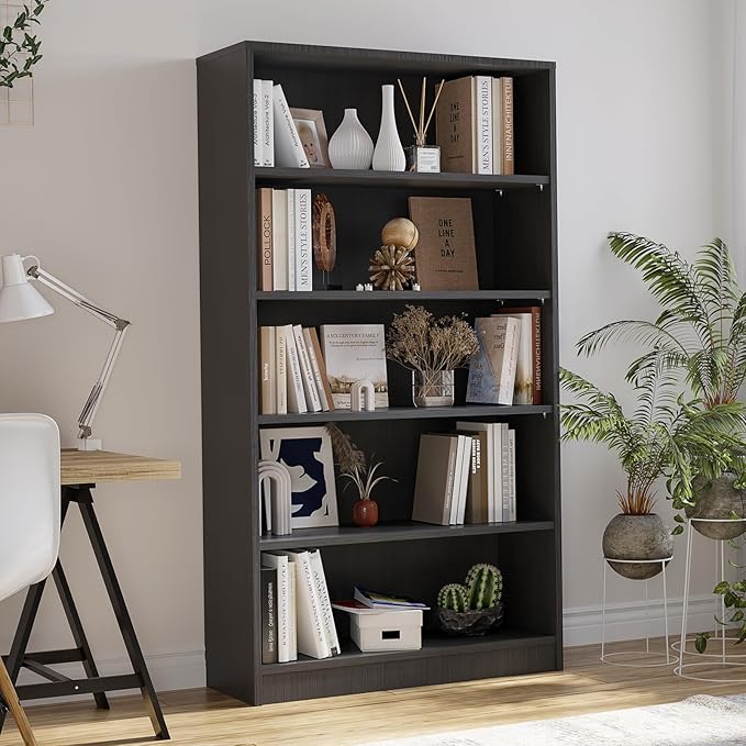 Bookcase Adjustable Storage Shelves,5-Tier Modern Wood Bookcase for Bedroom,60-Inch Bookshelf, Office, Living Room & Library(Grey)