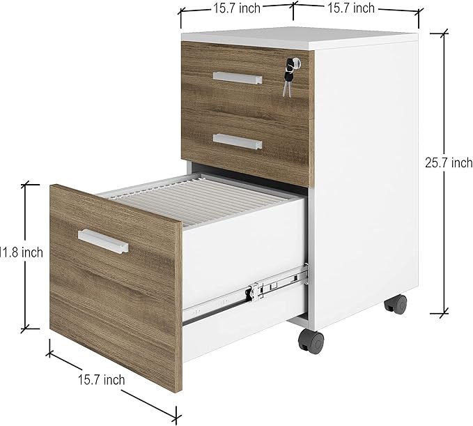 Modern Design Lazio File Cabinet, Filing Cabinets for Home Office, Drawers for Under Desk, Locking 3 Drawer Rolling Filing Cabinet with Lock, Walnut and White, by Crafts and Comfort