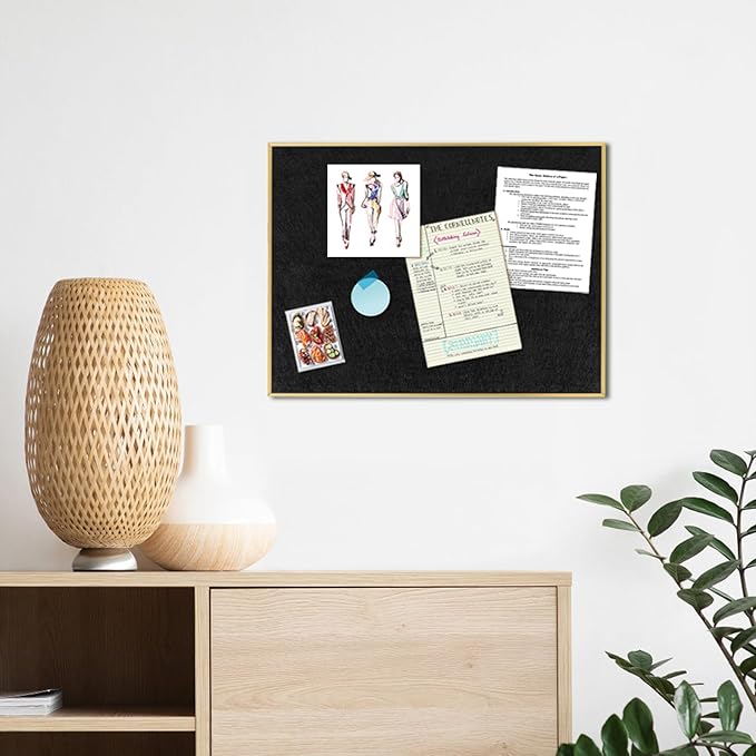 Golden Aluminum Framed Pin Board with Black Felt, Approx. 17 x 13 inches Bulletin Board with Pins, Eye Bolts, gaskets, Screws, Cork Board Alternative for Office, School and Home(AL-BK-3343)