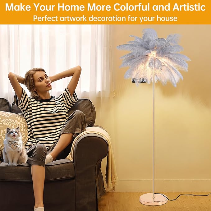 Feather Floor Lamp for Living Room, Fluffy Ostrich Feathers Lamp, Rose Gold Color Body, 3 Color Temperatures Modern Funky Arc Tall Standing Lamp for Bedroom Inclued Bright LED Bulbs (Grey)
