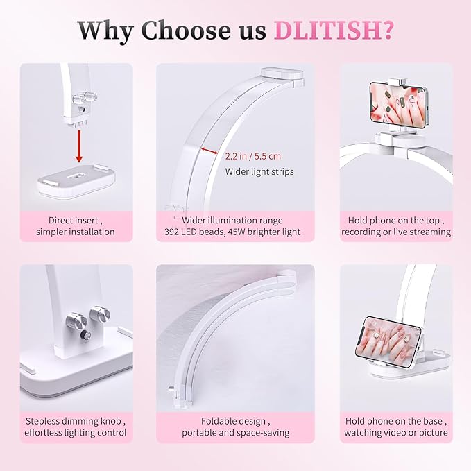 Foldable Half Moon Light for Nail Desk, 31in 45W Nail Desk Lamp with Phone Holder, Half Moon Table Lamp with Stepless Color Temperature Dimmable for Manicure (White)