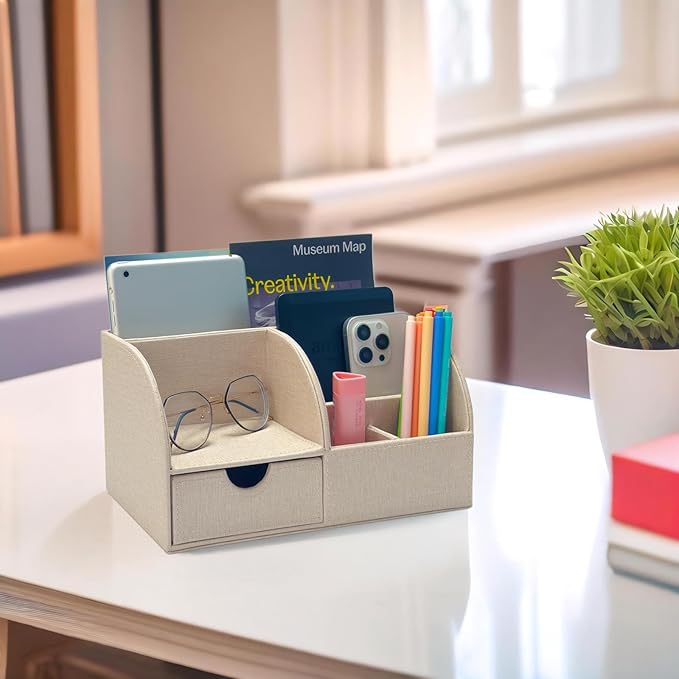 UnionBasic Desk Organizer - Multifunctional Leather Desktop Pen Holder Storage Box - Business Card/Pen/Pencil/Mobile Phone/Stationery Holder, Beige