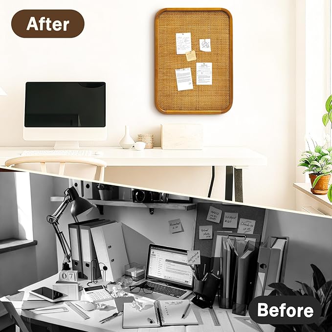 18" x 24" Bulletin Board, Round-Edged Rectangle Cork Board，Wooden Frame with Boho Style Rattan Wall Organizer,4560Teng