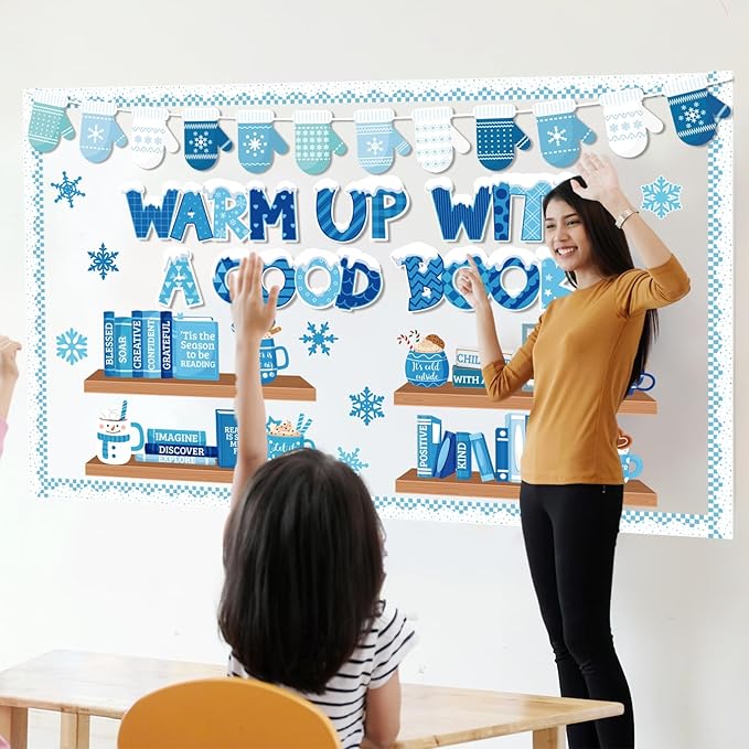 Pasimy 79 Pcs Winter Bookshelf Bulletin Board Decoration Warm Up with A Good Book Bulletin Board Snowflake Paper Cutout Winter Motivational Classroom Decor for School Chalkboard Window Wall Home Decor
