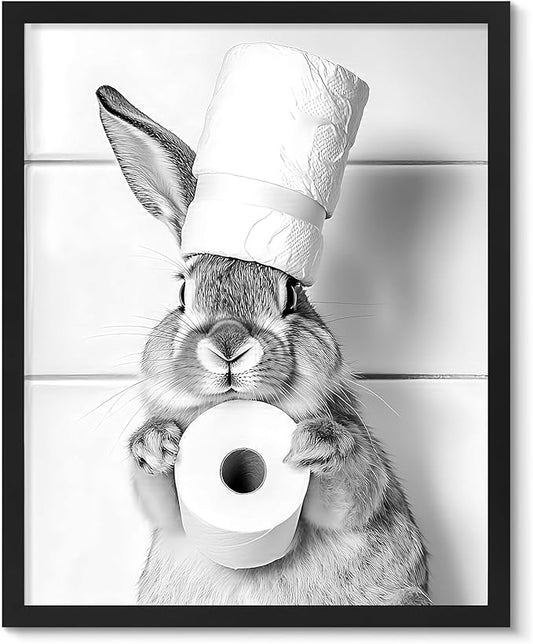 uniro Funny Bathroom Wall Art Prints, Black and White Cute Bunny Bathroom Picture Wall Decor, Cute Rabbit Animal Canvas Print Painting, Modern Bathroom Signs Wall Art Poster for Bathroom Decor (8"x10 - UNFRAMED)