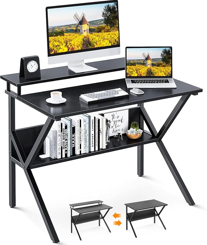 ODK Small Desk, 27.5 Inch Computer Desk for Small Spaces, Kids Desk with Storage, Study Table with Monitor Stand for Homeschool, Black