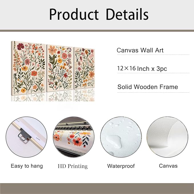 KISSFOX 3 Piece Boho Floral Canvas Wall Art For Bedroom Cottagecore Wild Flower Wall Art Colorful Nature Modern Botanical Art Prints For Nursery Living Room,12x16 in