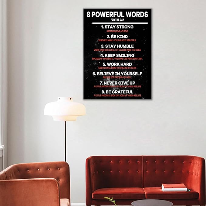 Inspirational Canvas Wall Art Motivational 8 Powerful Words Quotes Poster Print Rules Signs Picture Painting for Modern Home Bedroom Teens Room Office Artwork Stretched and Framed [18" W x 24" H]