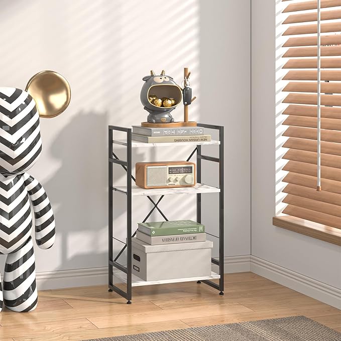 Bookshelf Organizer,3 Tiers Adjustable White Faux Marble Small Bookcase for Small Space,Industrial Wooden Storage Bookcase Display Rack and Storage Organizer for Living Room Home Office