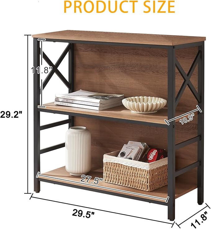 Book Shelf, Small 3-Tier Industrial Bookshelf with Strong Metal Frame & Backboard, 29.5" Short Bookcase for Small Spaces, Living Room, Bedroom and Home Office, Brown