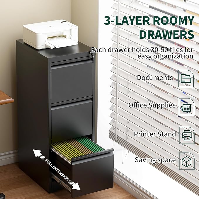 3 Drawer File Cabinet with Lock, Vertical Filing Cabinets for Home Office, Locking File Cabinet Hanging Files for A4/ Legal/Letter, Require Assembly, Black