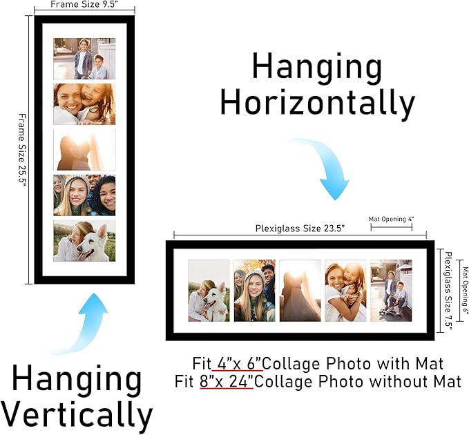 VIOLABBEY 8x24 Picture Frame - Fits Five 4x6 Photos with Mat or One 8x24 Picture without Mat - Black Collage Wall Decor