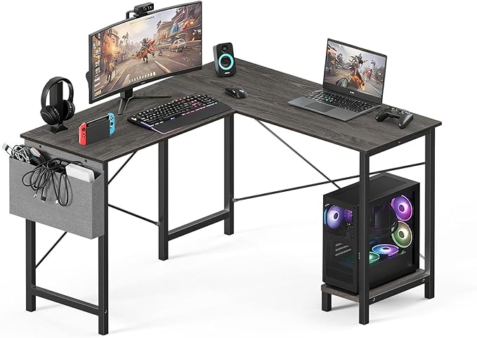 OLIXIS 50-Inch L Shaped Desk,Grey Office Computer Gaming Desks Corner PC Table with Side Bag and Reversible Shelf for Home Work Study Writing