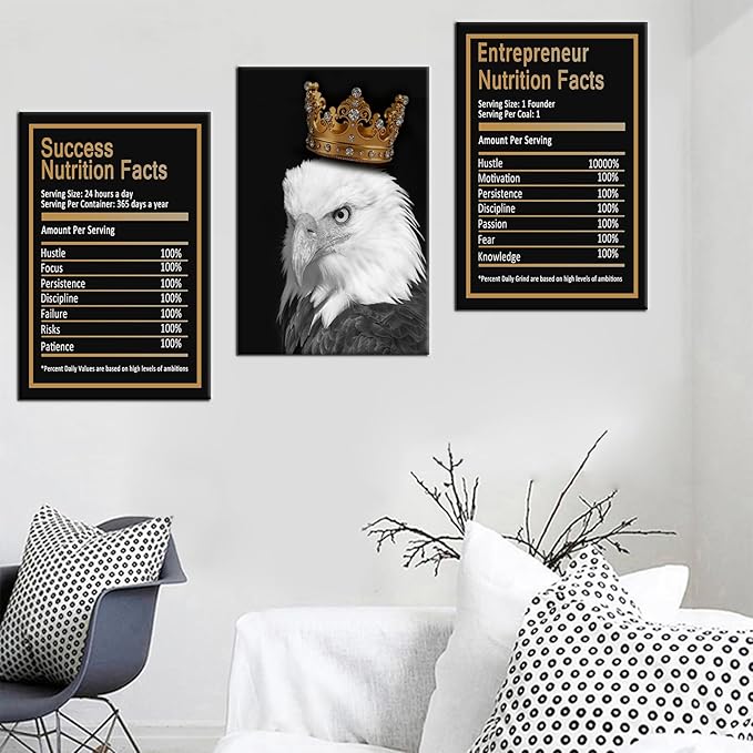 Motivational Wall Art 3 Piece Black Eagle Entrepreneur Nutrition Facts Inspirational Poster Canvas Prints Artwork for Home Teens Room Office Painting Pictures Stretched and Framed [48''Hx24''W]