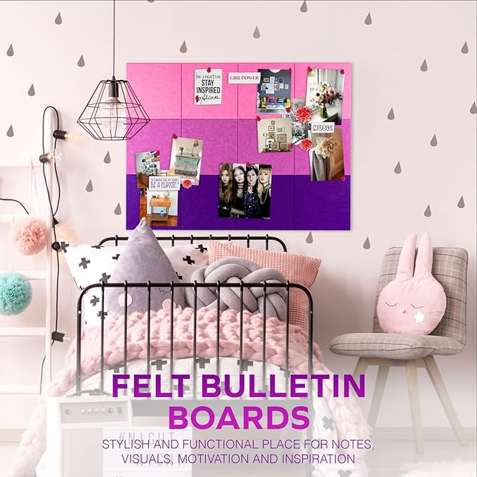Large CorkBoard - 48x36 inches, 12 Felt Board Tiles with Removable Adhesive Tape Cork Boards for Walls Cork Board for Office Pin Board Bulletin Board (30x30, Magenta Ombre Collection)