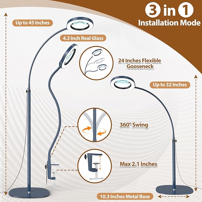 10X Magnifying Glass with Light and Stand, 24" Flexible Gooseneck Magnifying Floor Lamp, 3-in-1 LED 5 Color Modes Stepless Dimmable Lighted Magnifier Hands Free for Close Work, Reading - Blue