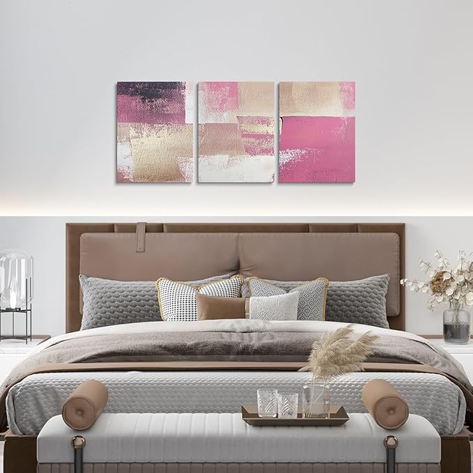 jejeloiu 12"x16"x3pcs Abstract Oil Painting Office Decorations Artwork Posters Abstract Art 3 Piece Canvas Wall Art for Living Room Bedroom Pink Modern Picture Wall Decor