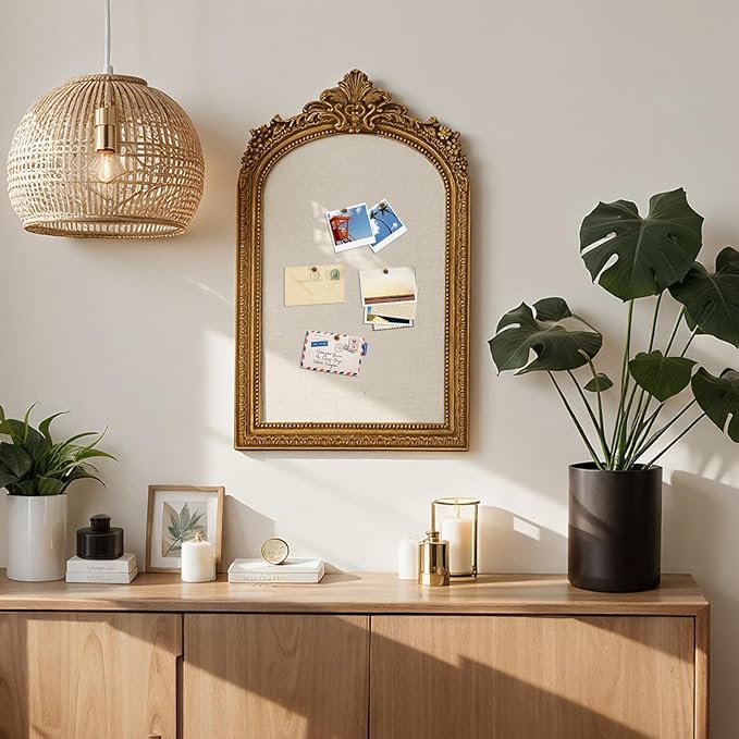 Vintage Framed Pin Board Linen Display Bulletin Board Large Cork Fabric Picture Photo Pinboard Memo Ornate Decorative Pinboard Ornate for Wall Gift(Arch,20'' X 30'',Classic Gold)