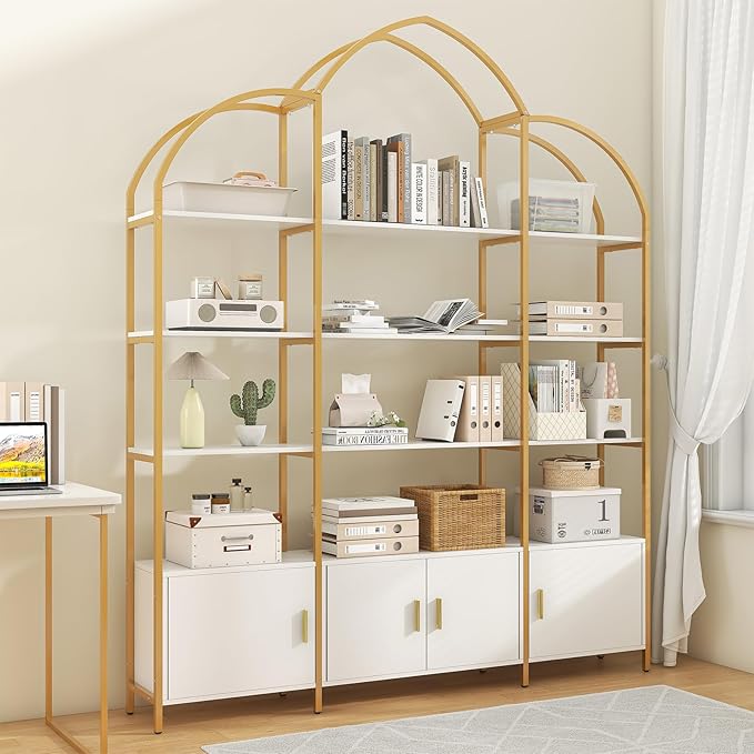 Semoic Arched Bookshelves and Bookcases: Triple Wide 5-Tier Large Open Bookshelf, Etagere Bookcase with Display Shelf for Home Office, White and Gold