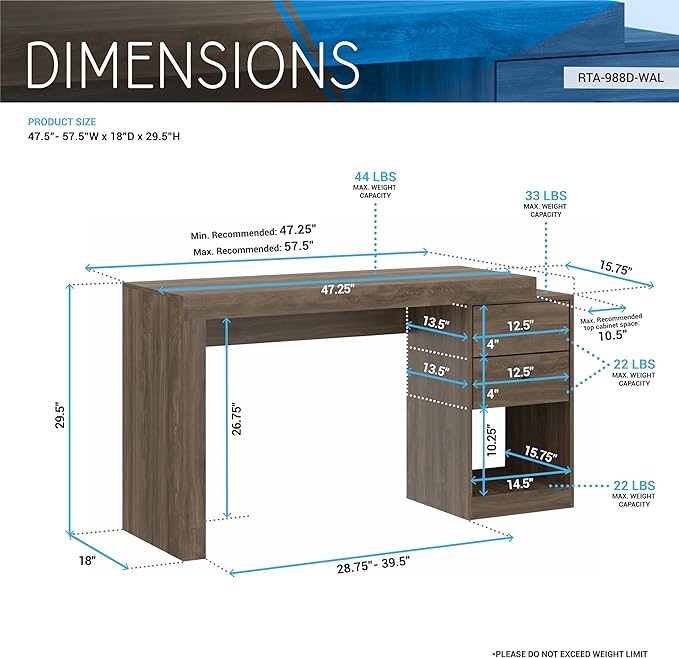 Expandable Desk with Storage Drawers & Open Shelf - Expands from 47 Inch to 57 Inch - Walnut Computer Desk with Printer Space - Modern Home Office Table with Drawers - Techni Mobili Blanco Collection