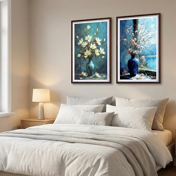 Set of 2 Floral Still Life Canvas Wall Art | Oil Painting Style High Definition Prints with Rustic Frames | Ready to Hang Modern Farmhouse Wall Decor for Living Room, Bedroom & Kitchen (16x24 Inchesx2)