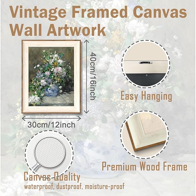 ASTRDECOR Framed Canvas Prints Art Vintage Decor for Living Room, Wildflowers Prints Botanical Wall Art Home Decor, Aesthetic Classical Floral Paintings, Bouquet in Blue White Porcelain Vase 12"x16"