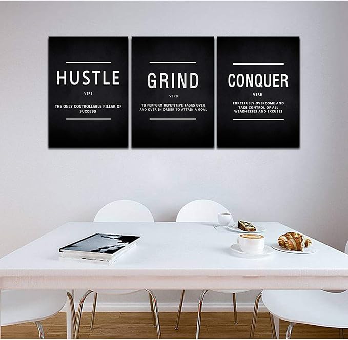 KAWAHONE Grind Hustle Conquer Success Wall Art, Motivation Canvas Wall Decor Framed Inspirational Painting Quotes Positive Poster Wall Hanging Picture for Home Office Workplace - 12" Wx16 Hx3piece