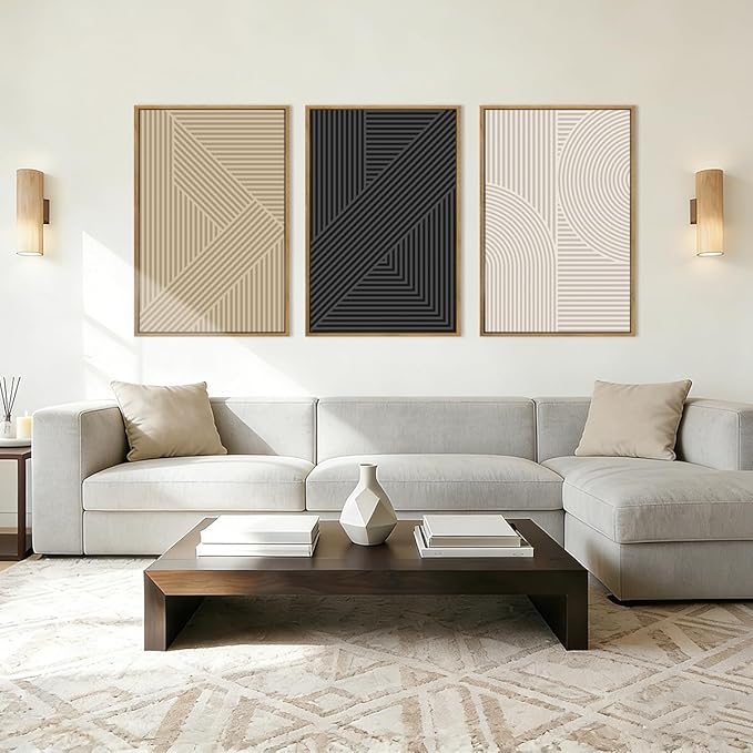 BINCUE Large Neutral Canvas Wall Art,Modern Abstract Framed Wall Art Boho,Mid Century Art Print,Minimalist Wall Painting Geometric,Vintage Beige Artwork for Living Room Bedroom Bathroom Home 16''x24'' Set of 3