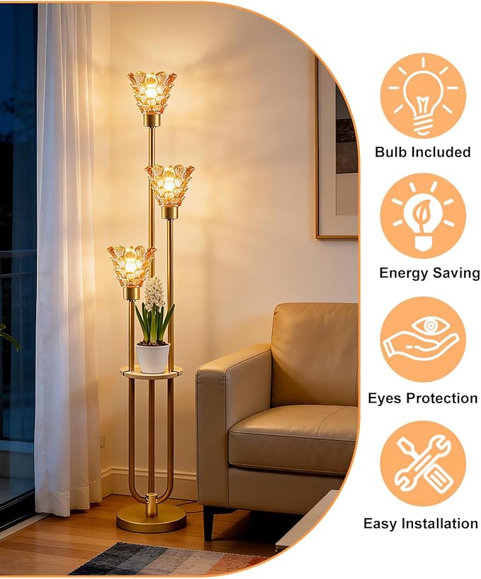 3-Light Modern Glass Floor Lamp with Shelf, Gold Tall Standing Lamp with Amber Flower Glass Shade, LED Floor Lamp with Foot Switch for Living Room Bedroom Home Decor, Bulb Included