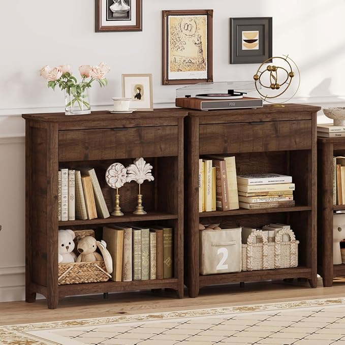 BON AUGURE Rustic Bookshelf Bookcase, Wood Book Shelf with Drawer, 3 Tier Book case for Small Space, Low Book case for Living Room, Home Office, Bedroom (Rustic Oak)