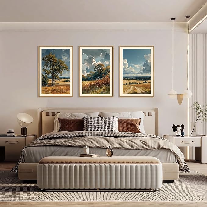 KAIRNE Farmhouse Landscape Wall Art Set of 3, Nature Country Scenery Art Prints, Blue Vintage Watercolor Wall Decor, Rustic Wilderness Paintings for Living Room, Bedroom, Office, 16x24 Inch