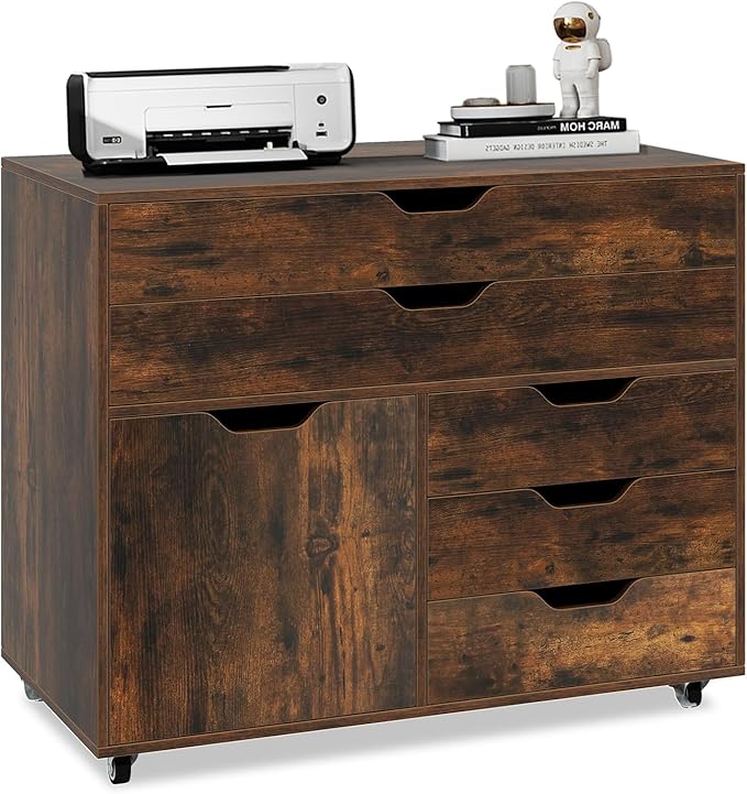 File Cabinet, 5 Drawer Filing Cabinet with Door, Mobile Storage Organizer, Wooden Printer Stand on Wheels for Study Home Office Living Room (Rustic Brown)