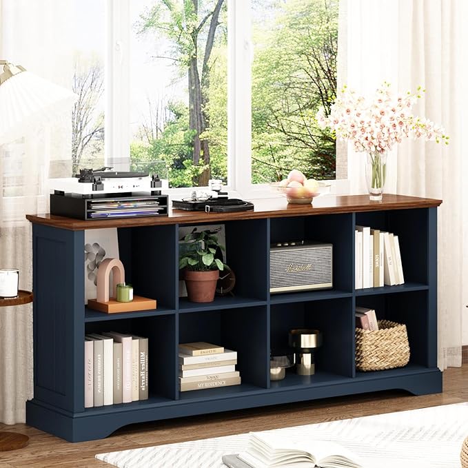 8 Cube Storage Organizer - 62" Long Horizontal Low Bookshelf,Farmhouse Wide Bookcase Open Shelf Wood Cubby Storage Console Cabinet for Living Room, Entryway, Office, Navy Blue