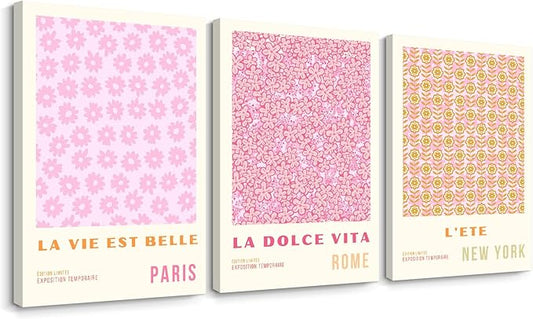 Pink Flower Market Wall Art Decor Aesthetic Abstract Canvas Floral Minimalist Wall Art Pictures Orange Floral Prints Artwork Botanical Flower Poster Colorful Painting 12x16 Inch Framed Set of 3