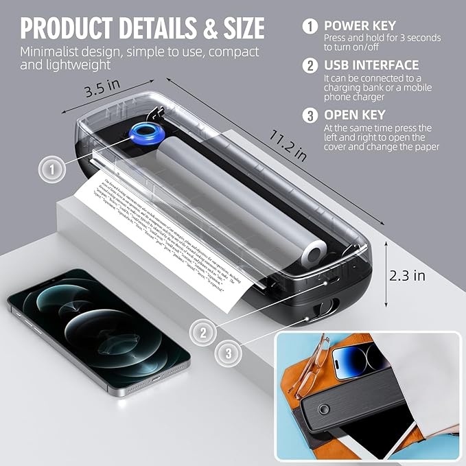 Aixiqee Portable Inkless Printer, Wireless Bluetooth Thermal Printer with 4200mAh Battery, Prints A4/A5/US Letter, High Resolution Mini Printer for Travel, Home Office & Mobile Printing